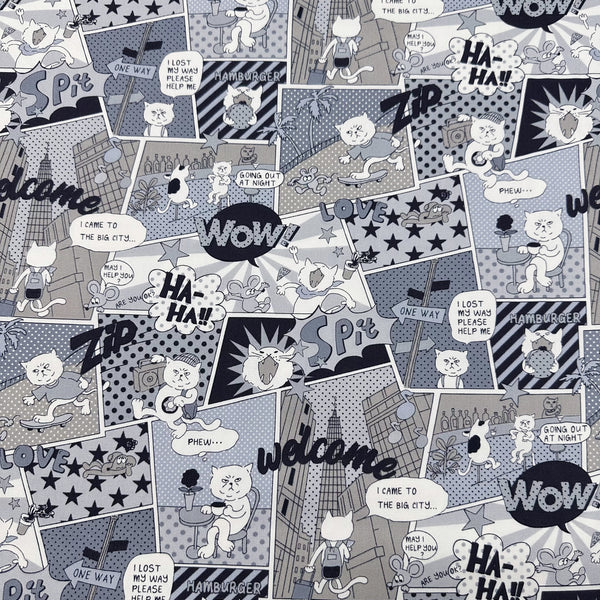 Grumpy Cat Comic Print Cotton Oxford Fabric in Grey, Made in Japan