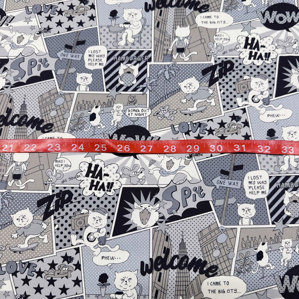 Grumpy Cat Comic Print Cotton Oxford Fabric in Grey, Made in Japan
