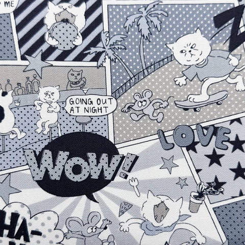Grumpy Cat Comic Print Cotton Oxford Fabric in Grey, Made in Japan