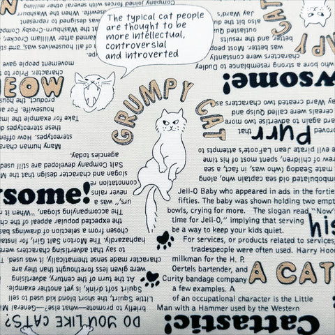 Grumpy Cat Print Cotton Oxford Fabric in Ecru, Made in Japan