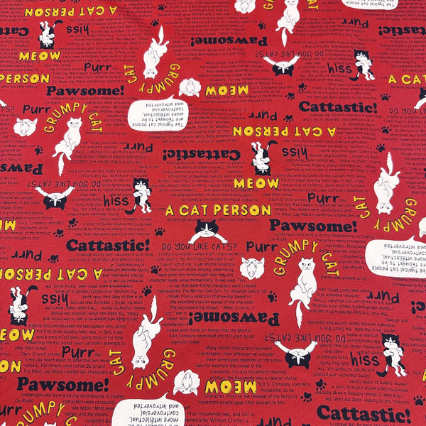 Grumpy Cat Print Cotton Oxford Fabric in Red, Made in Japan