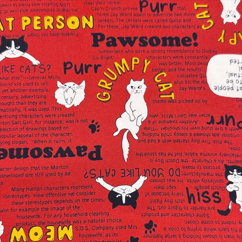 Grumpy Cat Print Cotton Oxford Fabric in Red, Made in Japan