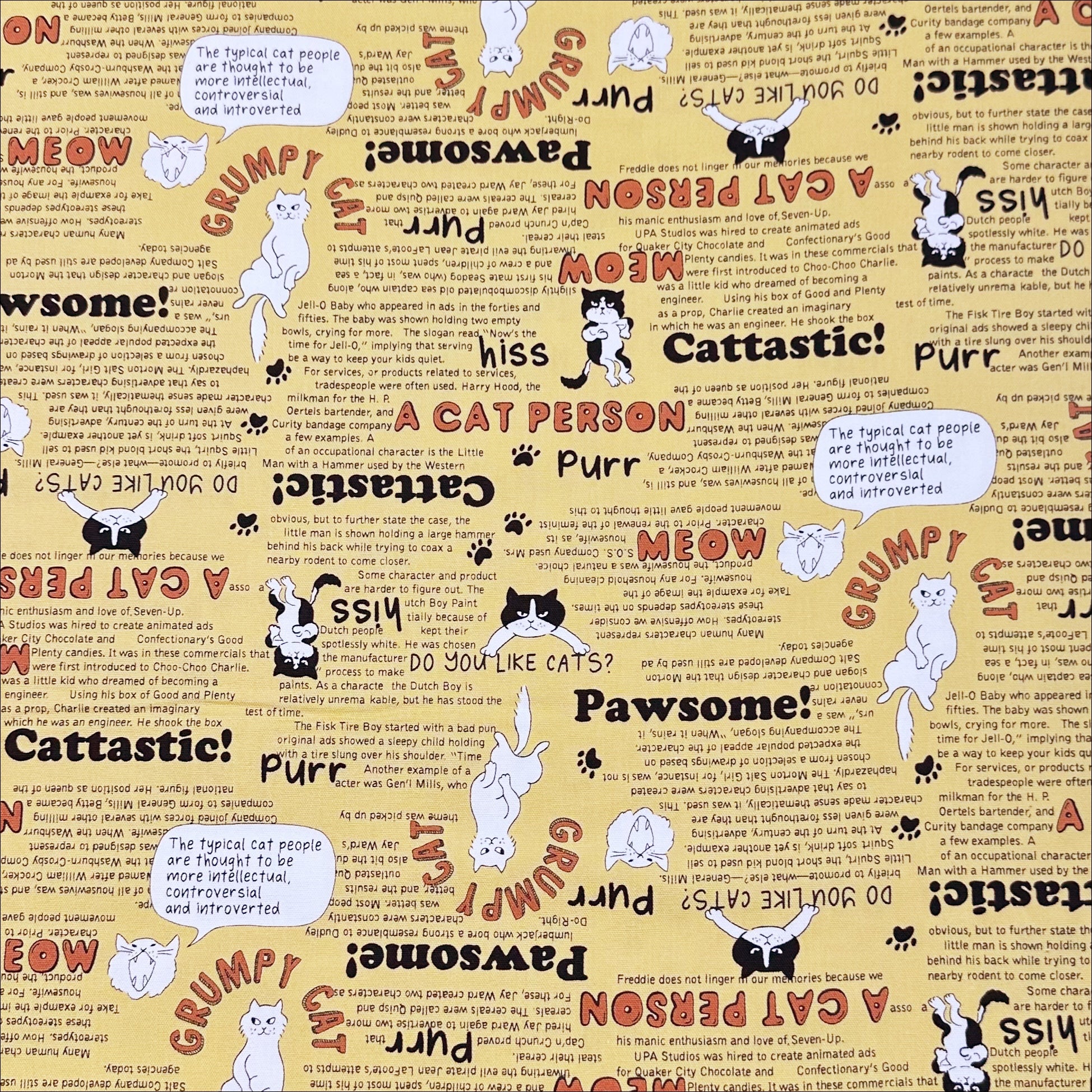 Grumpy Cat Print Cotton Oxford Fabric in Yellow, Made in Japan
