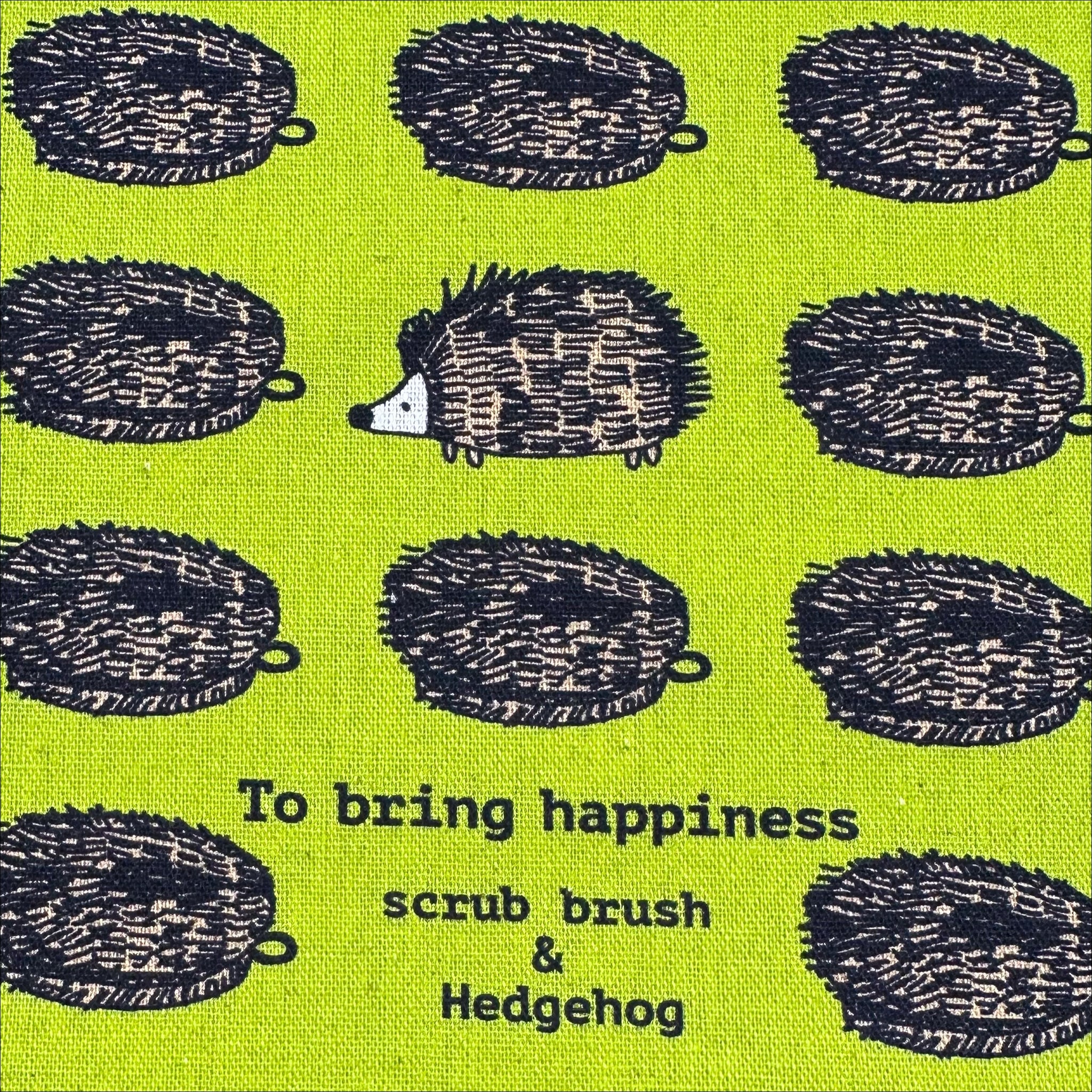 Hedgehog Scrub Brushes Canvas Fabric in Green - Cotton Linen Blend by Cotton Kobayashi