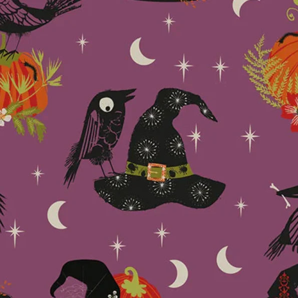 Stock photo of Hocus Pocus Beaks and Brims cotton fabric by Helen Black featuring crows and witch hats on a black Halloween background