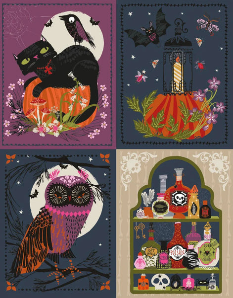 Hocus Pocus Halloween panel cotton fabric by Helen Black featuring spooky seasonal illustrations, pumpkins, and black cats