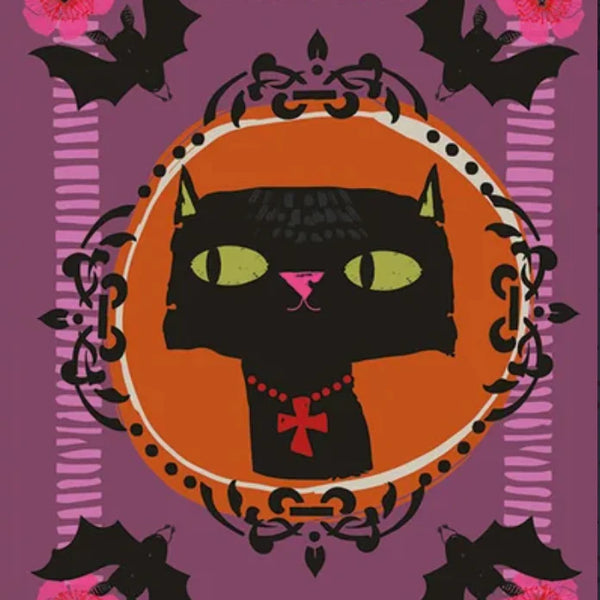Close up of Hocus Pocus Halloween panel cotton fabric by Helen Black featuring spooky seasonal illustrations, pumpkins, and black cats