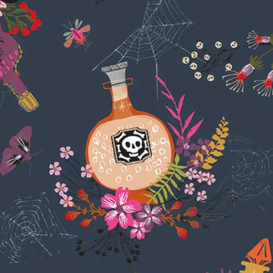 Stock photo of Hocus Pocus Spellbound cotton fabric by Helen Black featuring potion bottles, spider webs, and mushrooms on a black background