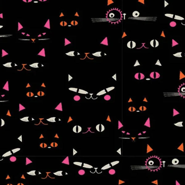 Stock Photo of Hocus Pocus Pumpkin Patch cotton fabric by Helen Black featuring Halloween cat faces peeking through a shadowy black background