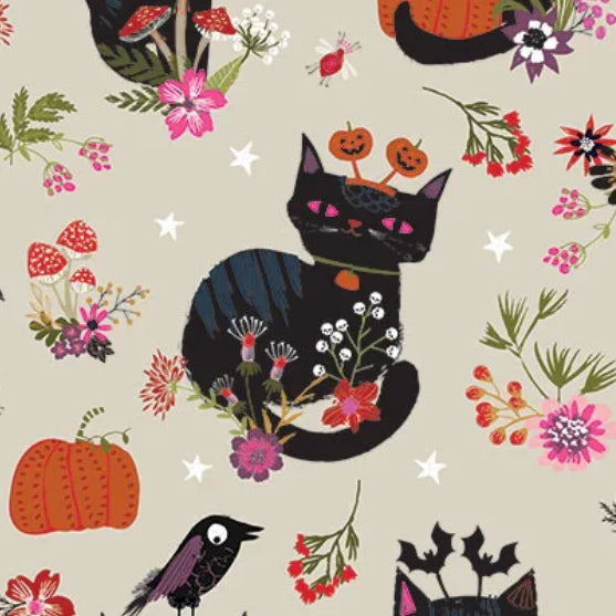 Stock photo of Hocus Pocus Witchy Whiskers cotton fabric by Helen Black featuring cats, bats, and pumpkins on a beige background