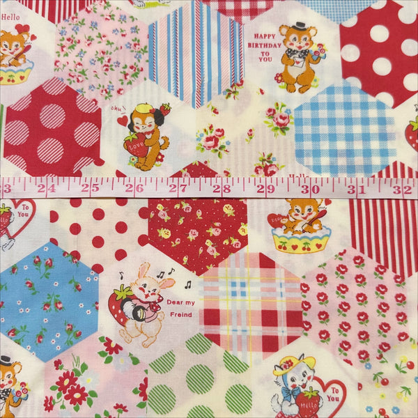 Scale of Hexagon Animals Red cotton fabric from Atsuko Matsuyama Yuwa 30’s Collection, perfect for quilting and crafts.