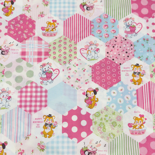 Hexagon Animals in Pink By Atsuko Matsuyama Cotton Fabric, Yuwa Fabrics 30's Collection