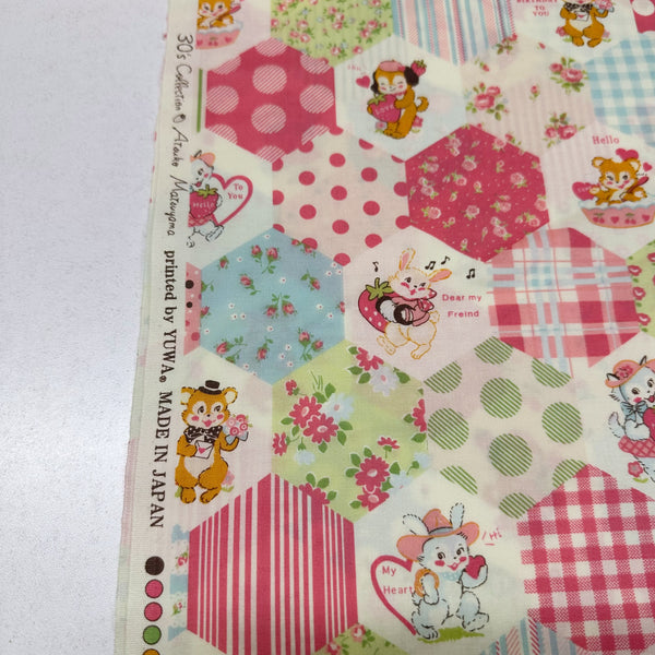 Hexagon Animals in Pink By Atsuko Matsuyama Cotton Fabric, Yuwa Fabrics 30's Collection