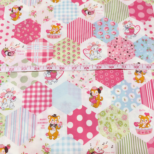 Hexagon Animals in Pink By Atsuko Matsuyama Cotton Fabric, Yuwa Fabrics 30's Collection