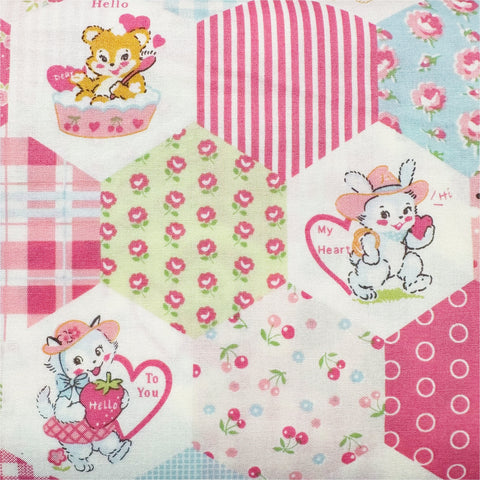 Hexagon Animals in Pink By Atsuko Matsuyama Cotton Fabric, Yuwa Fabrics 30's Collection