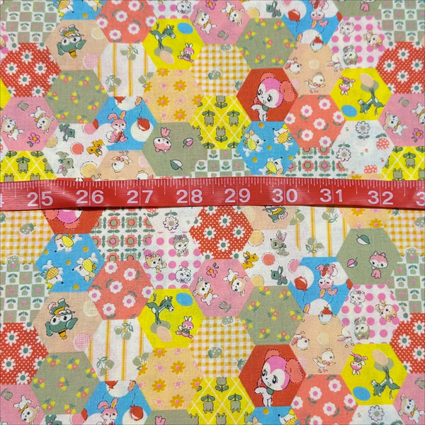 Honey Tune by Koko Seki Cotton Fabric, Animal Patchwork in Peach