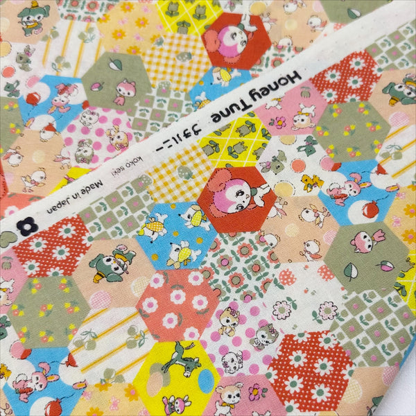 Honey Tune by Koko Seki Cotton Fabric, Animal Patchwork in Peach