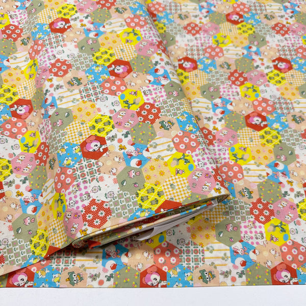 Honey Tune by Koko Seki Cotton Fabric, Animal Patchwork in Peach