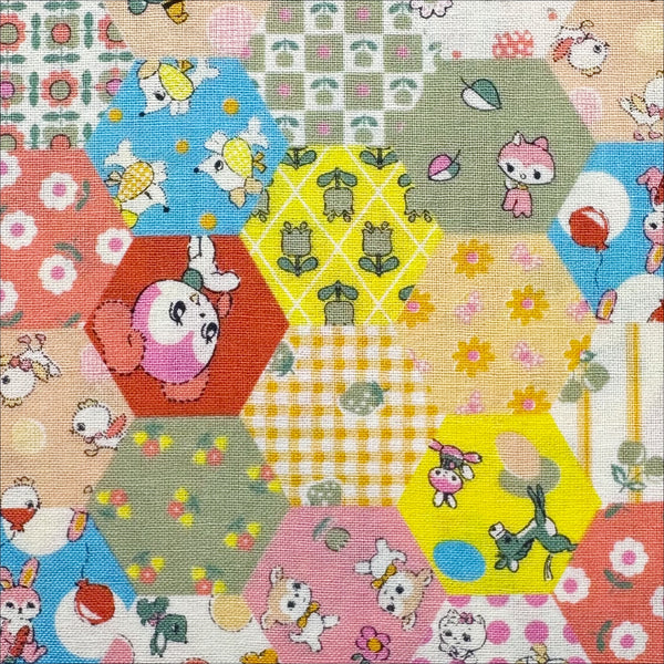Honey Tune by Koko Seki Cotton Fabric, Animal Patchwork in Peach