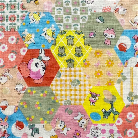 Honey Tune by Koko Seki Cotton Fabric, Animal Patchwork in Peach
