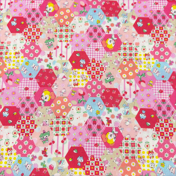 Honey Tune by Koko Seki Cotton Fabric, Animal Patchwork in Pink