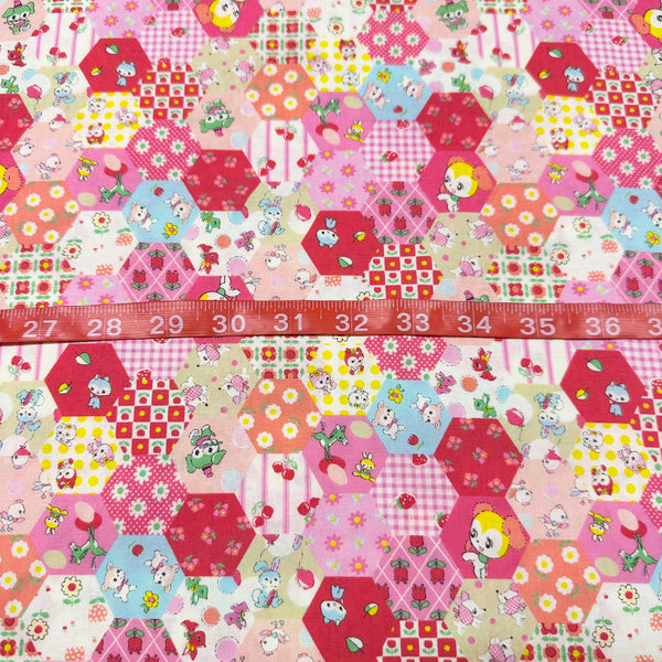 Honey Tune by Koko Seki Cotton Fabric, Animal Patchwork in Pink