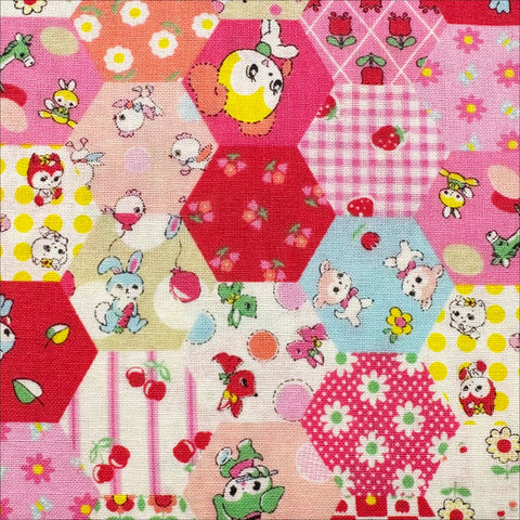 Honey Tune by Koko Seki Cotton Fabric, Animal Patchwork in Pink
