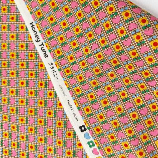 Honey Tune by Koko Seki Cotton Fabric, Heart Flower in Brown