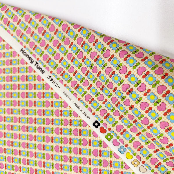Honey Tune by Koko Seki Cotton Fabric, Heart Flower in Peach