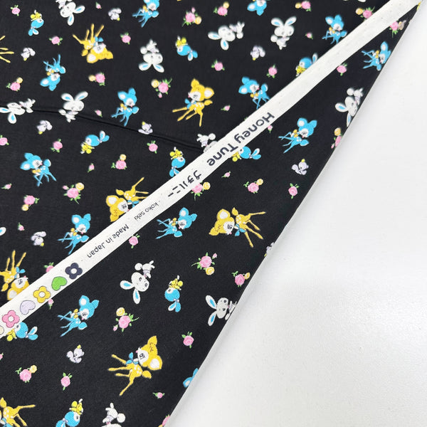 Honey Tune by Koko Seki Cotton Fabric, Petite Retro Animals on Black