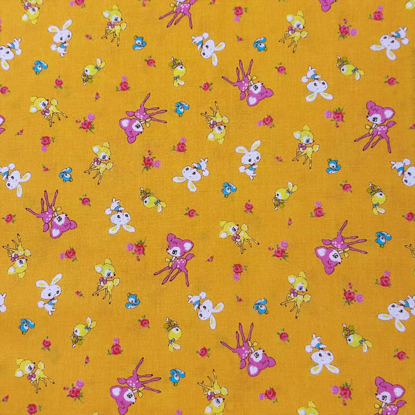 Honey Tune by Koko Seki Cotton Fabric, Petite Retro Animals on Orange