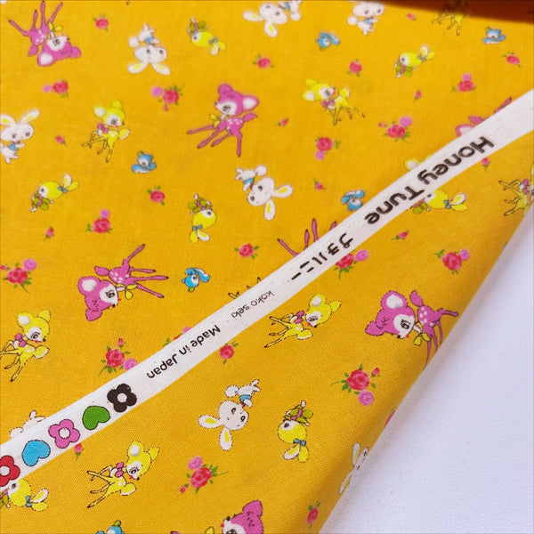 Honey Tune by Koko Seki Cotton Fabric, Petite Retro Animals on Orange