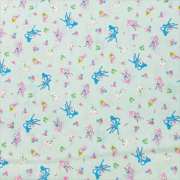 Honey Tune by Koko Seki Cotton Fabric, Petite Retro Animals on Pale Aqua