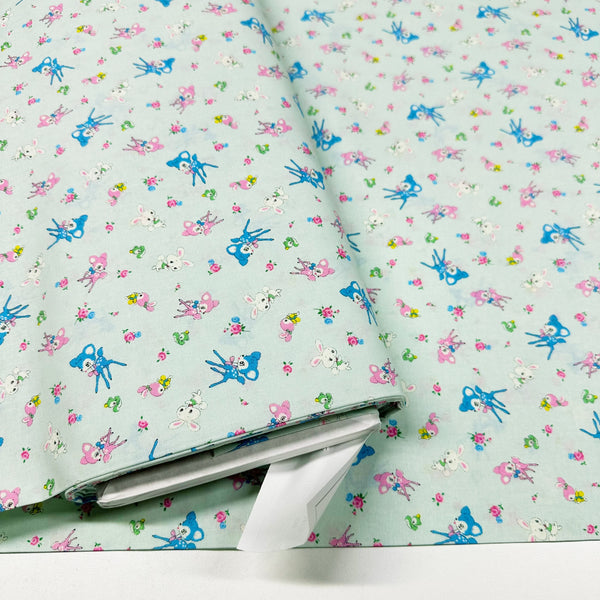 Honey Tune by Koko Seki Cotton Fabric, Petite Retro Animals on Pale Aqua