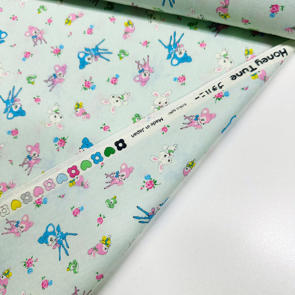 Honey Tune by Koko Seki Cotton Fabric, Petite Retro Animals on Pale Aqua