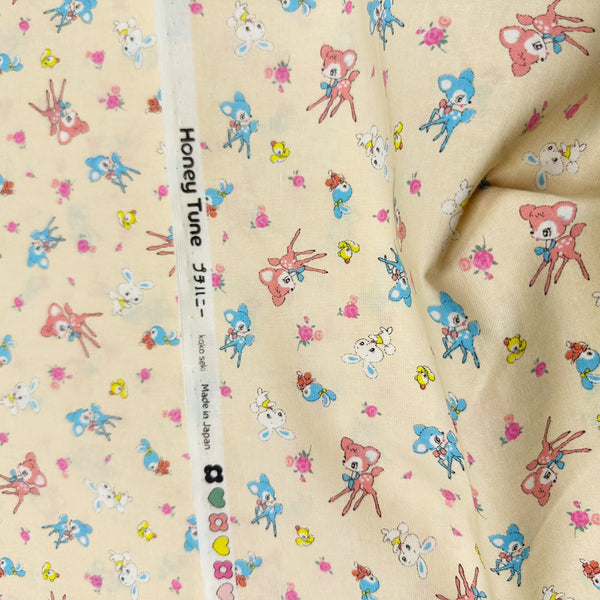 Honey Tune by Koko Seki Cotton Fabric, Petite Retro Animals on Pale Peach