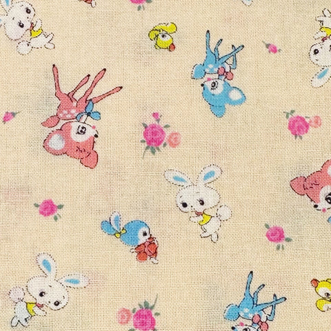 Honey Tune by Koko Seki Cotton Fabric, Petite Retro Animals on Pale Peach