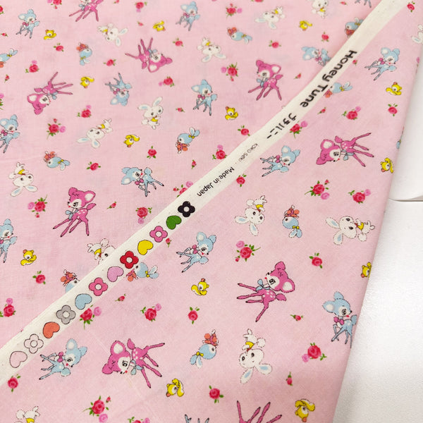 Honey Tune by Koko Seki Cotton Fabric, Petite Retro Animals on Pink