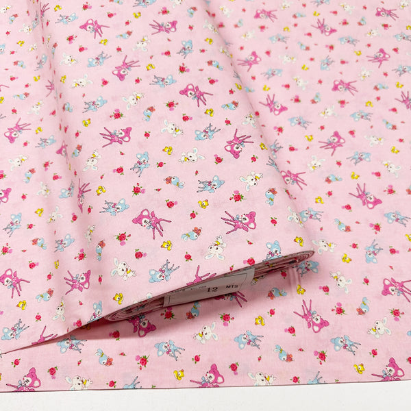 Honey Tune by Koko Seki Cotton Fabric, Petite Retro Animals on Pink