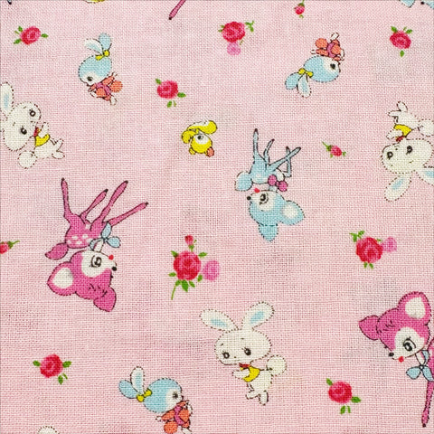 Honey Tune by Koko Seki Cotton Fabric, Petite Retro Animals on Pink