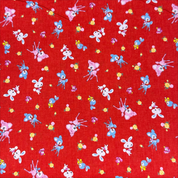 Honey Tune by Koko Seki Cotton Fabric, Petite Retro Animals on Red