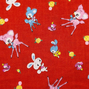 Honey Tune by Koko Seki Cotton Fabric, Petite Retro Animals on Red