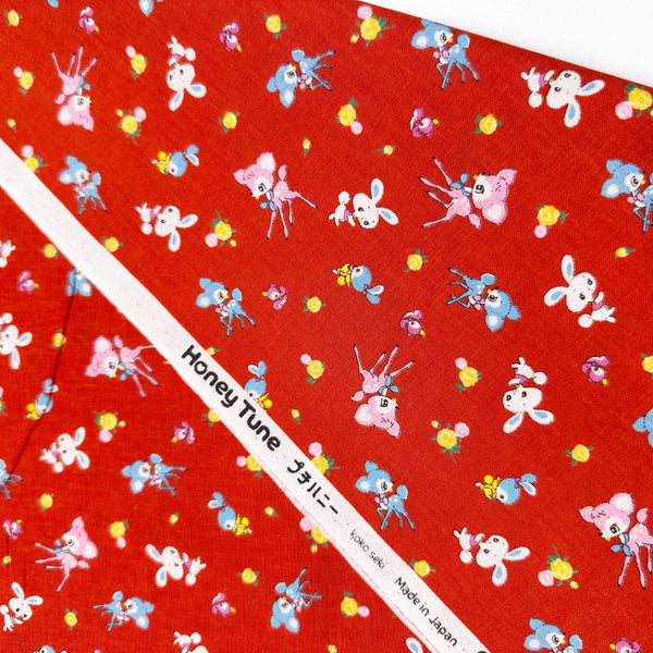Honey Tune by Koko Seki Cotton Fabric, Petite Retro Animals on Red
