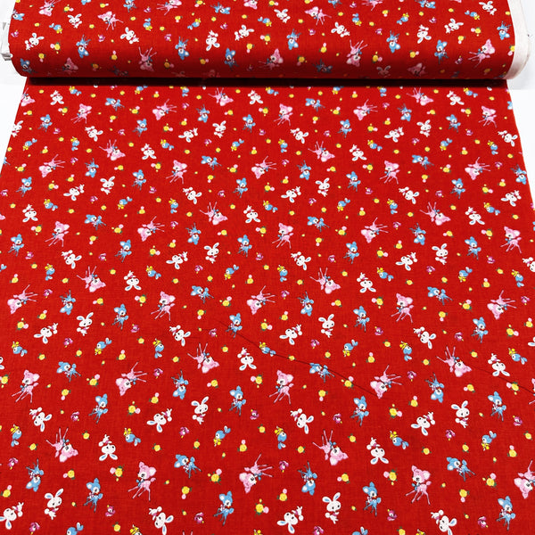 Honey Tune by Koko Seki Cotton Fabric, Petite Retro Animals on Red