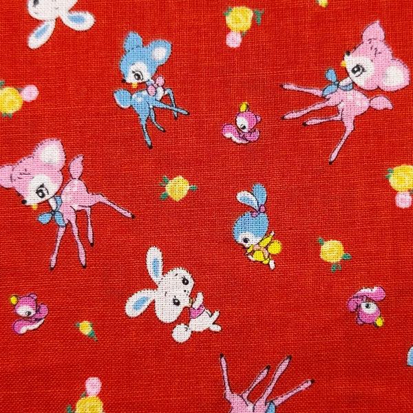 Honey Tune by Koko Seki Cotton Fabric, Petite Retro Animals on Red