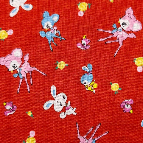 Honey Tune by Koko Seki Cotton Fabric, Petite Retro Animals on Red
