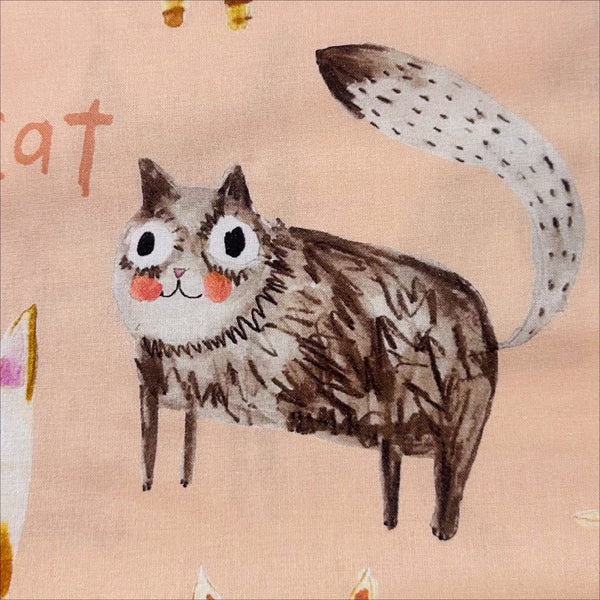 Illustrated Kitties Cats Cotton Fabric, Maison de Fabric, Imported from Japan, Peach Pink