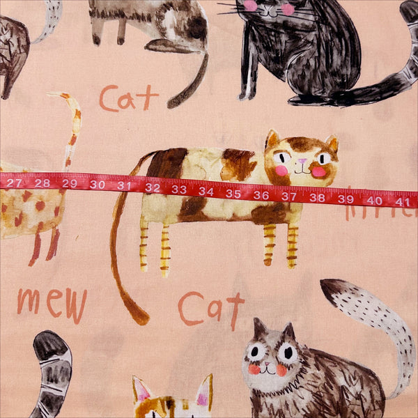 Illustrated Kitties Cats Cotton Fabric, Maison de Fabric, Imported from Japan, Peach Pink