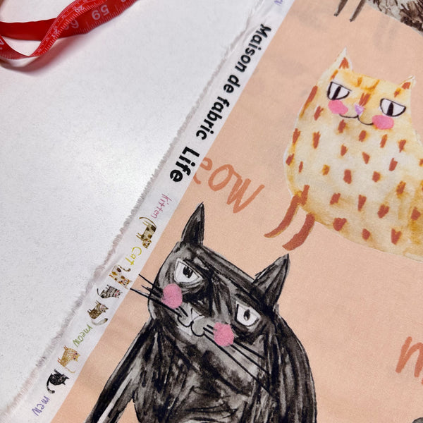 Illustrated Kitties Cats Cotton Fabric, Maison de Fabric, Imported from Japan, Peach Pink