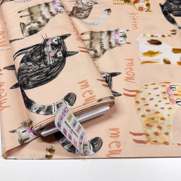 Illustrated Kitties Cats Cotton Fabric, Maison de Fabric, Imported from Japan, Peach Pink